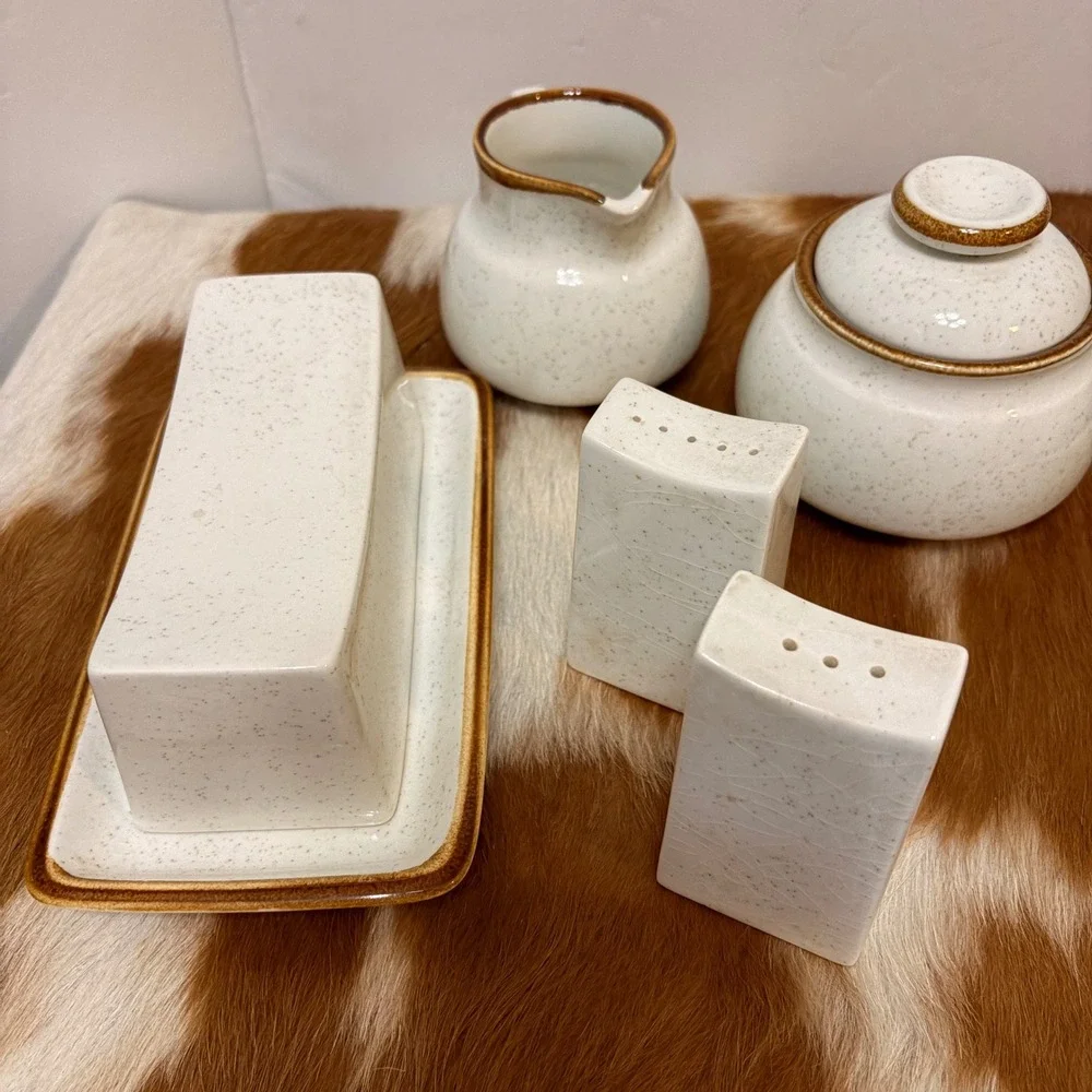 VTG Mikasa Natural Beauty C9000  Stoneware Butter Dish Creamer Sugar Set Japan